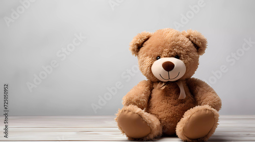 A brown teddy bear sitting up against a white background © junaid