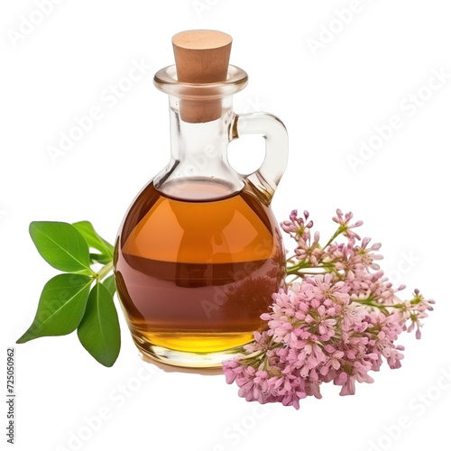 fresh raw organic valerian oil in glass bowl png isolated on white background with clipping path. natural organic dripping serum herbal medicine rich of vitamins concept. selective focus photo