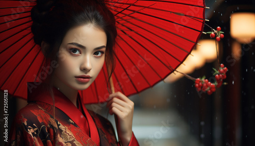 Beautiful woman in traditional clothing smiling, holding umbrella in rain generated by AI