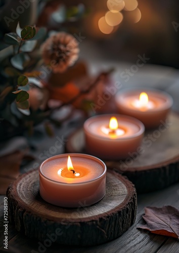 candles lit wooden slice leaves flowers dripping wax cozy peaceful atmosphere interconnections autumn color calm serene relaxed home garden afternoon
