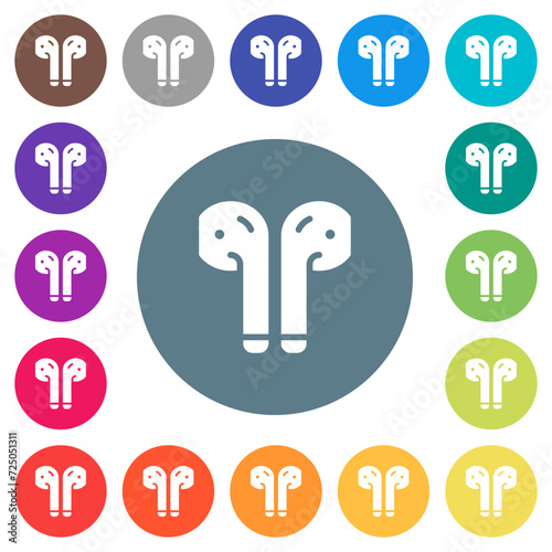 Wireless earphones solid flat white icons on round color backgrounds
