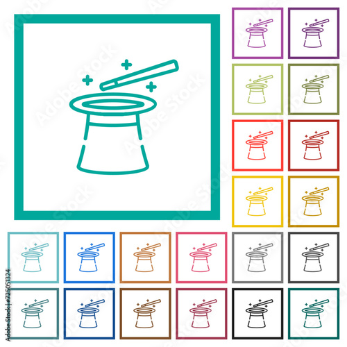Magic hat and wand outline flat color icons with quadrant frames
