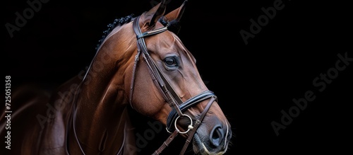 Studio photograph of a black background with a graceful brown horse wearing a bridle. © 2rogan