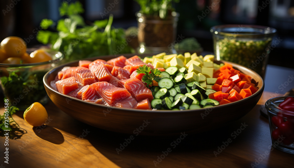 Freshness and nature on a wooden table, healthy vegetarian salad generated by AI Freshness and nature on a wooden table, healthy vegetarian salad generated by AI