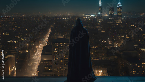 city at night with a man in a hood