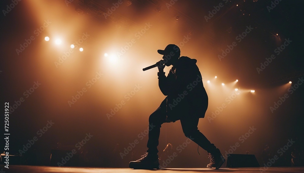 Obraz premium silhouette of rap singer performing on stadium stage, lights and smoke in the background, warm light 