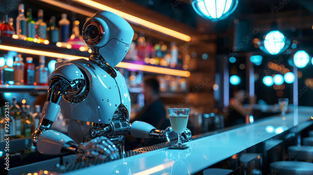 AI robot bartender mixing drink in modern bar with blue neon lights in background.
