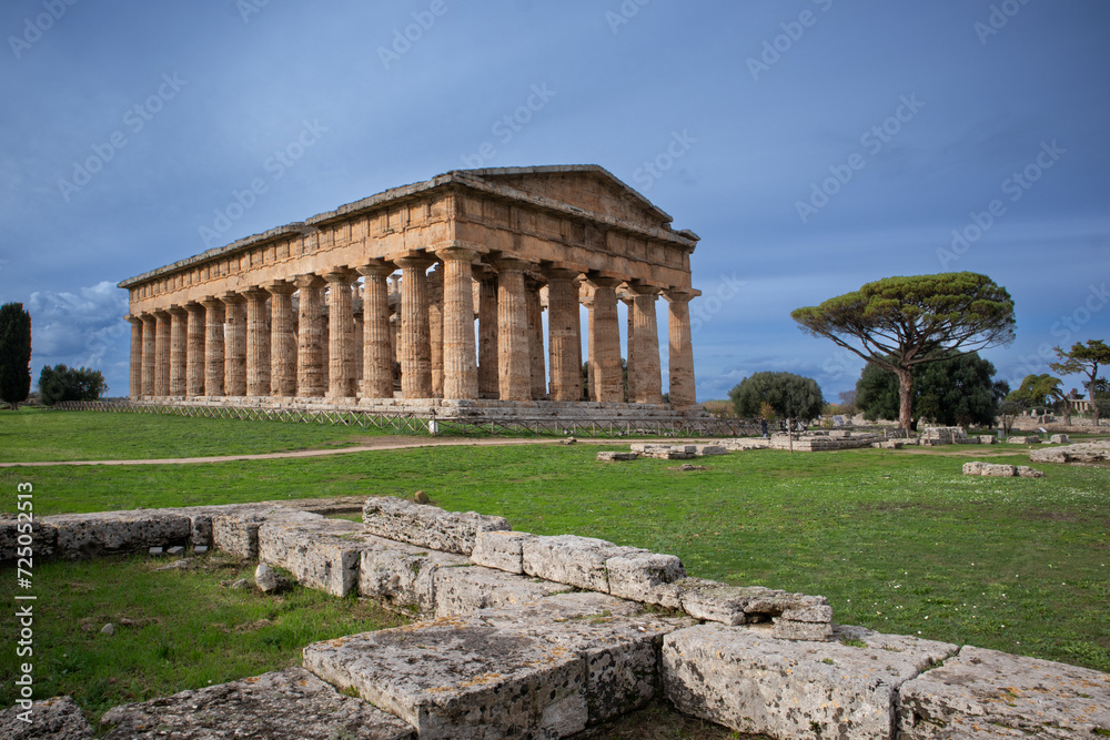 Tempio di Hera II in the Archaeological Park of Paestum, Campania, Italy. 