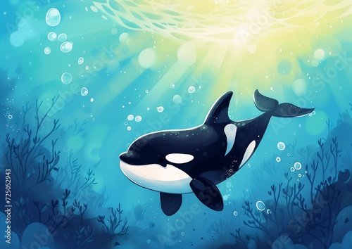 whale swimming ocean cute black stripes young animal streaming bright summer day dreamlike © Cary