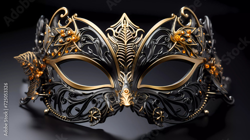 a gold and black masquerade mask on a white background