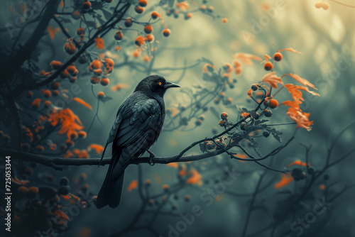 black bird on a branch over a dark background with orange flowers
