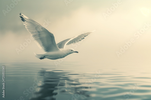 seagull in flight over a calm body of misty water © StockUp