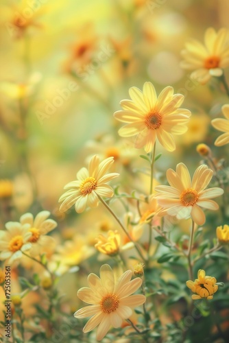 yellow flowers blooming field soft background indoor light overgrown garden environment color radiate connection bright sunshine