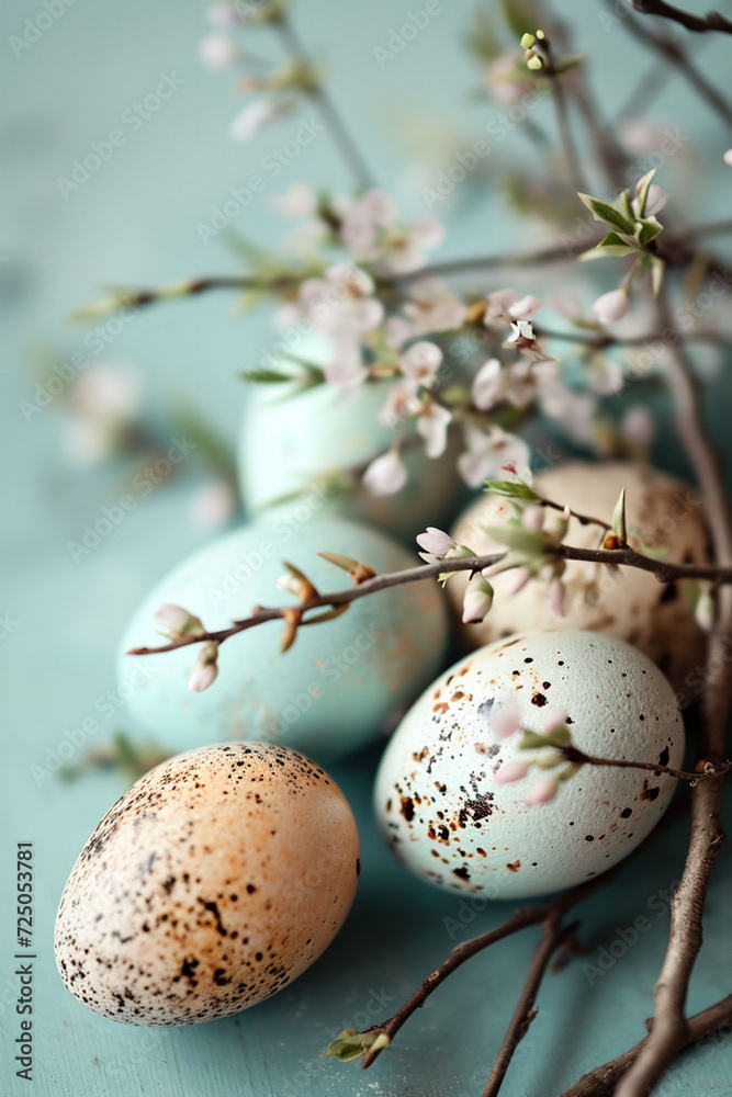 Obraz premium Colorful Speckled eggs nestled within a twig nest under a canopy of white flowers portray the simplicity and beauty of spring. traditions, spring crafts, or nature-inspired design.