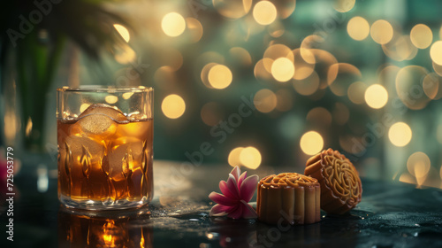 Iced tea and mooncakes, twinkling lights on the background