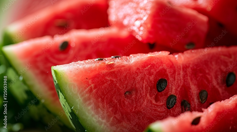 Vibrant and refreshing watermelon wedges, close up macro shot, top view of juicy and fresh slices Vibrant and refreshing watermelon wedges, close up macro shot, top view of juicy and fresh slices