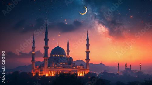 Mosque in Starry Night with Glowing Islamic Crescent