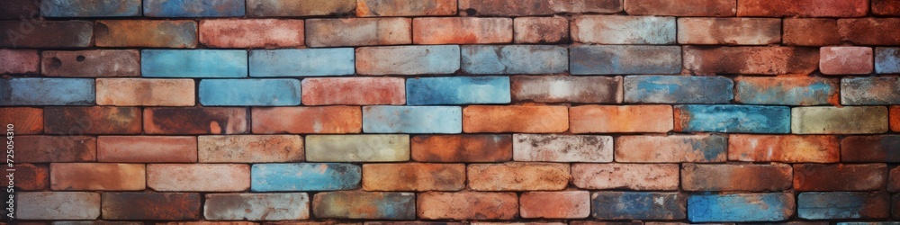 Fototapeta premium A vibrant mosaic of red and blue bricks creating a visually pleasing pattern perfect for backgrounds and textures. Timber industry.