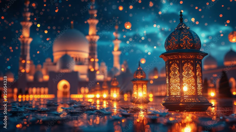 Street and Mosque in Starry Night
