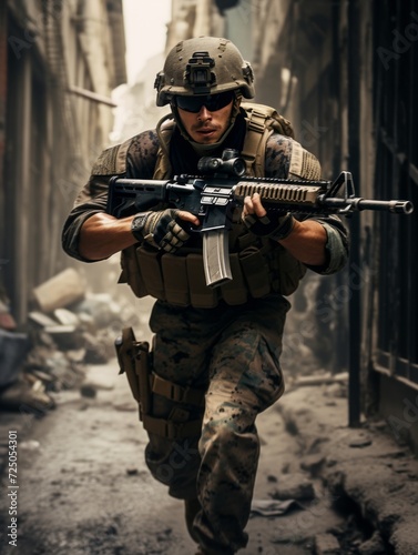 Army special forces soldier in action with assault rifle in the city