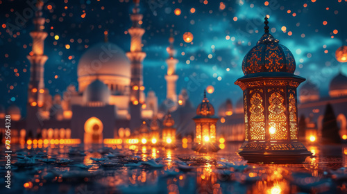 Street and Mosque in Starry Night