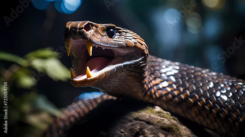 A large brown snake with its mouth open