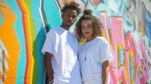 Deux jeunes posent devant une fresque murale dans leur quartier photo