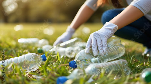 Une personne ramasse des déchets plastique dont des bouteilles dans un parc photo