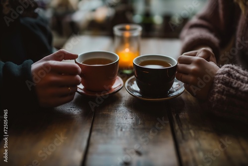 two people sitting table cups coffee holding close hands boba milky oolong tea blurry distant background connected heart machines dialog middle age wood planks intimately photo