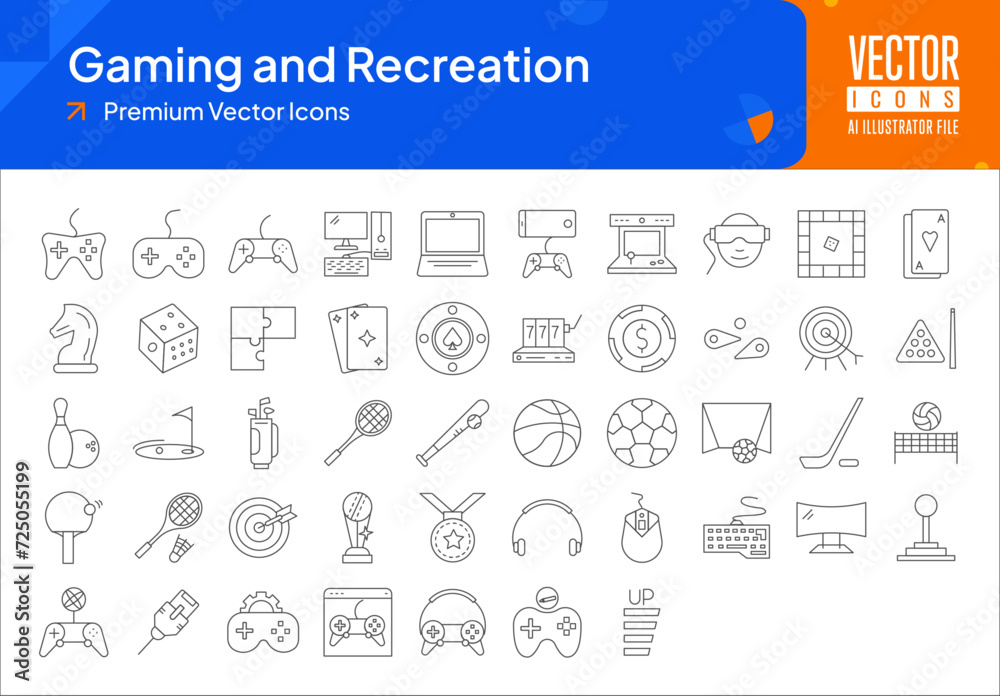 Set of gaming icons. gaming and recreation web icons in thinline style. joystick, console, mobile gaming, arcade machine icon collection. Line icons pack. vector illustration ai eps file Set of gaming icons. gaming and recreation web icons in thinline style. joystick, console, mobile gaming, arcade machine icon collection. Line icons pack. vector illustration ai eps file