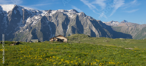 refuge alpin au milieu de la prairie fleurie sur le plateau d'Emparis dans les Alpes au printemps dans le massif des Arves dans l'Oisans face au massif des Écrins, La Meije photo