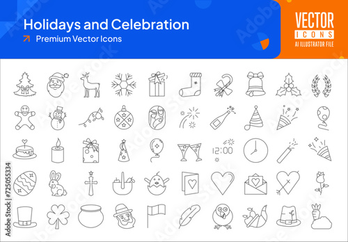Set of holidays icons. holidays and celebration web icons in thinline style. tree, santa, stoking, gift, gingerbread, party hat icon collection. Line icons pack. vector illustration ai eps file photo