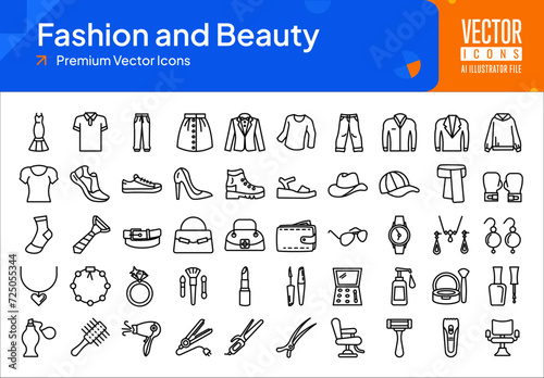 Set of fashion icons. fashion and beauty web icons in line style. dress, skirt, shirt, pants, jeans, shoes, blouse icon collection. Line icons pack. vector illustration ai eps file