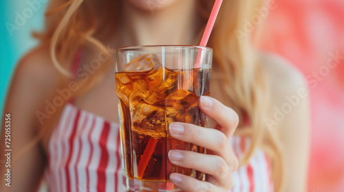 Un cola frais en verre avec une paille tenue par une femme élégante