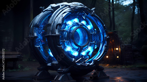 A large metal object with blue lights on it