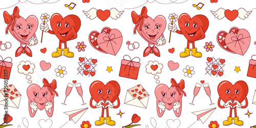Seamless pattern with groovy hearts for Valentine's Day on pink background.
