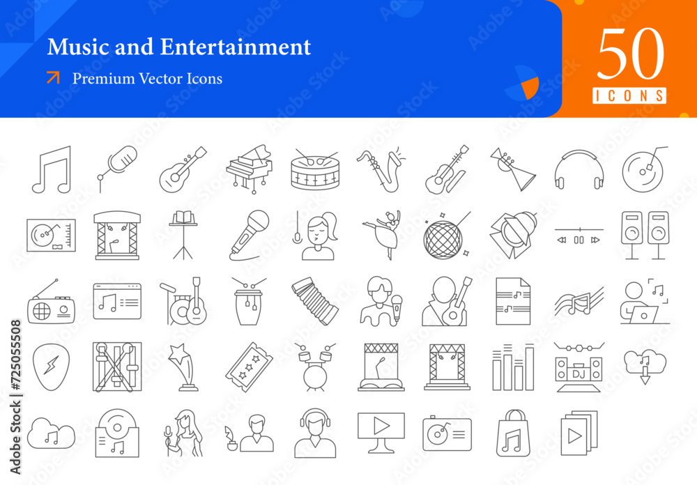 Naklejka premium Set of music icons. music and entertainment web icons in thinline style. music note, mic, guitar, piano, drum, trumpet icon collection. Line icons pack. vector illustration ai eps file