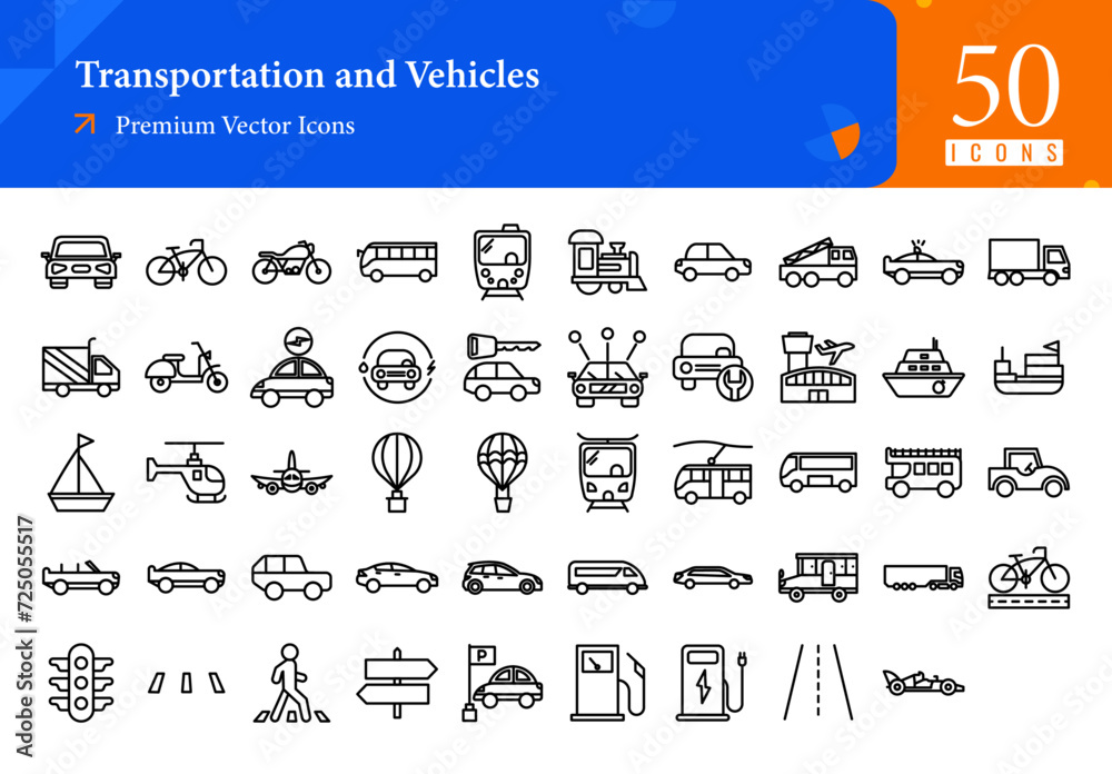 Set of transportation icons. transportation and vehicles web icons in line style. car, taxi, subway, bicycle, motorcycle icon collection. Line icons pack. vector illustration ai eps file