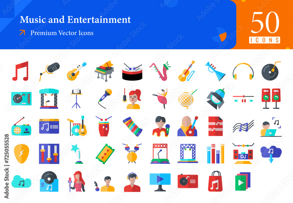 Set of music icons. music and entertainment web icons in flat style. music note, mic, guitar, piano, drum, trumpet icon collection. Flat icons pack. vector illustration ai eps file