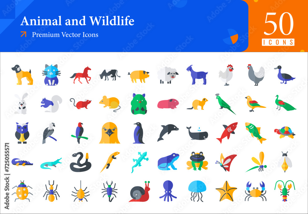 Set of wildlife icons. animals and wildlife web icons in flat style. dog, cat, chicken, rabbit, parrot icon collection. Flat icons pack. vector illustration ai eps file