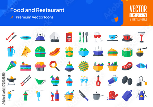 Set of food icons. food and restaurant web icons in flat style. fork  knife  food  menu  chef hat  tea cup icon collection. Flat icons pack. vector illustration ai eps file