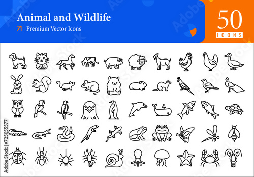 Set of wildlife icons. animals and wildlife web icons in line style. dog, cat, chicken, rabbit, parrot icon collection. style name  icons pack. vector illustration ai eps file