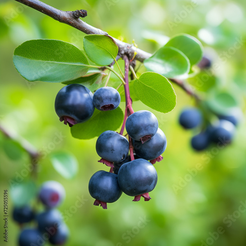 close-up of a fresh ripe huckleberry hang on branch tree. autumn farm harvest and urban gardening concept with natural green foliage garden at the background. selective focus photo