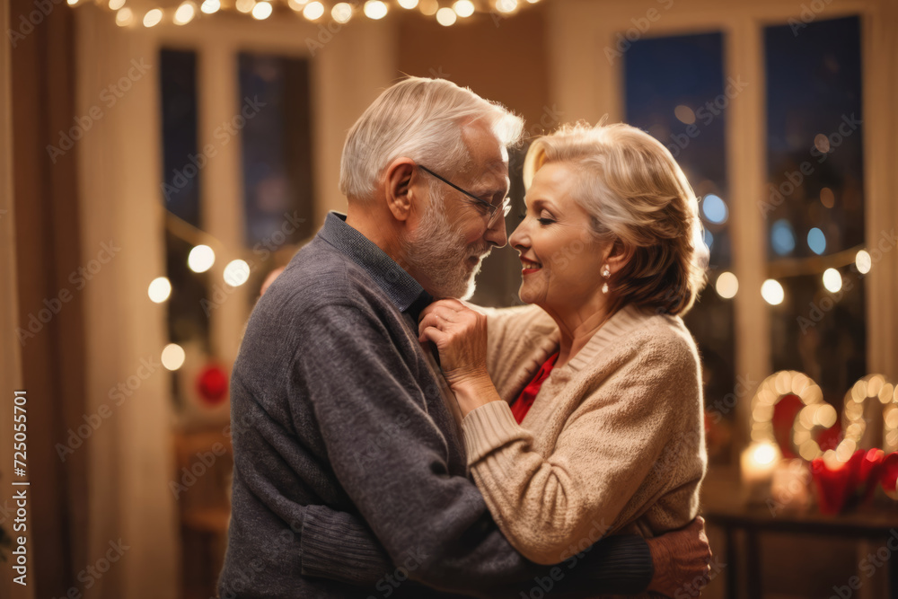 Candid shot of happy smiling old lovers couple dancing at home with beautiful bokeh lights, cozy environment, celebrating Valentine's day, anniversary or marriage Candid shot of happy smiling old lovers couple dancing at home with beautiful bokeh lights, cozy environment, celebrating Valentine's day, anniversary or marriage