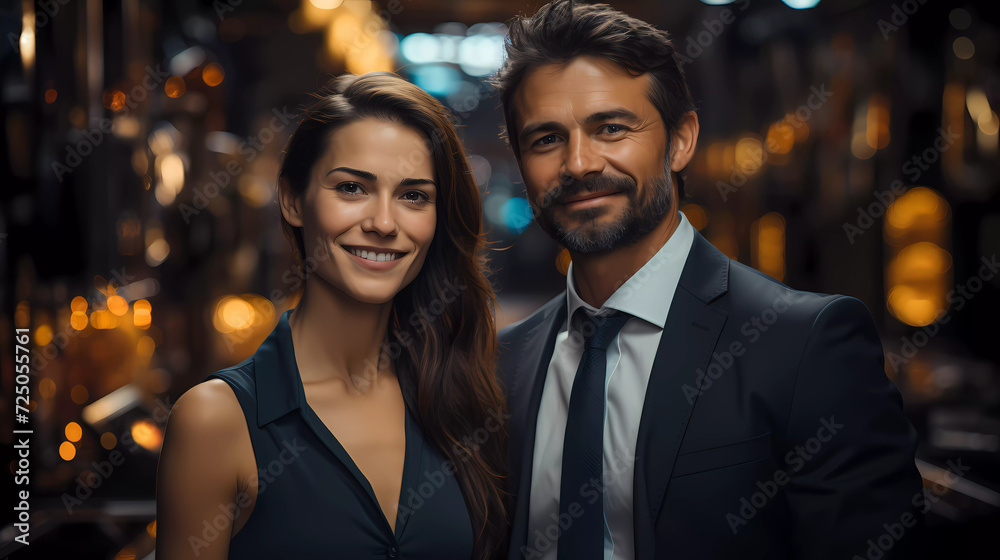 a man and a woman in business attire posing for a picture