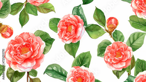  White background pattern with illustrations of camellia flowers