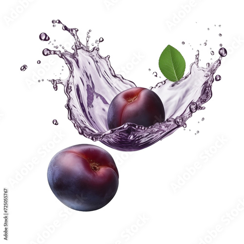 realistic fresh ripe damson plum with slices falling inside swirl fluid gestures of milk or yoghurt juice splash png isolated on a white background with clipping path. selective focus photo