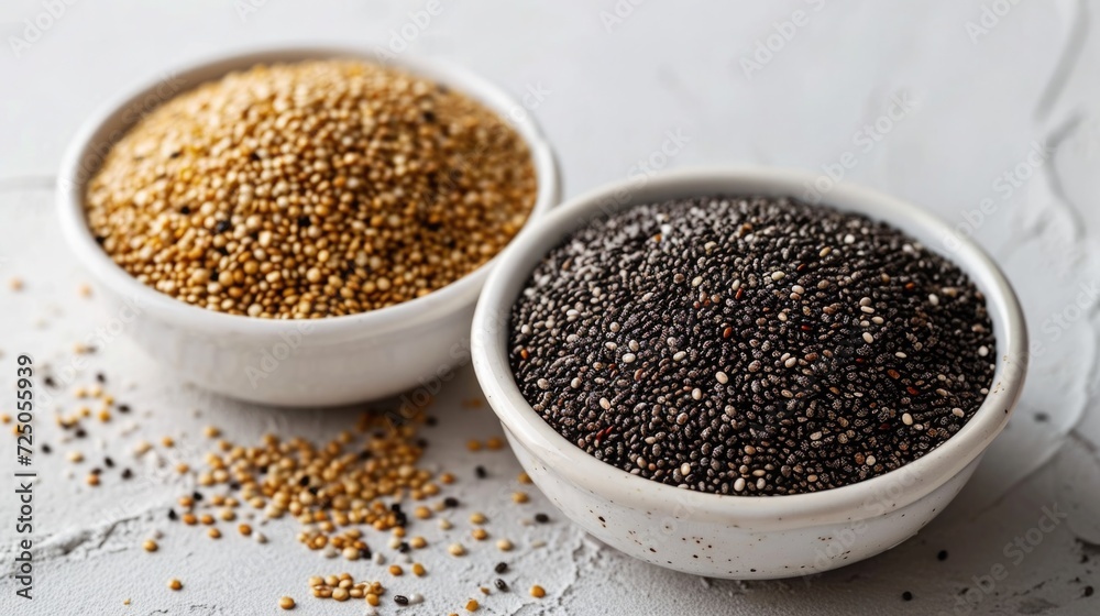 Bowl of quinoa and chia seeds on a clean white surface, representing healthy grain alternatives Bowl of quinoa and chia seeds on a clean white surface, representing healthy grain alternatives