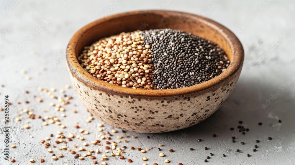 Bowl of quinoa and chia seeds on a clean white surface, representing healthy grain alternatives