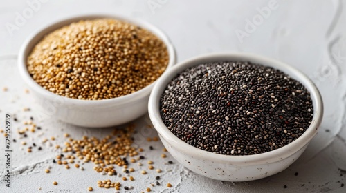 Bowl of quinoa and chia seeds on a clean white surface, representing healthy grain alternatives